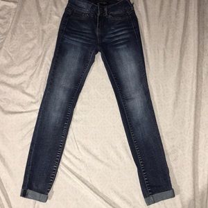Cuffed Dark Wash Jeans with Light Patches